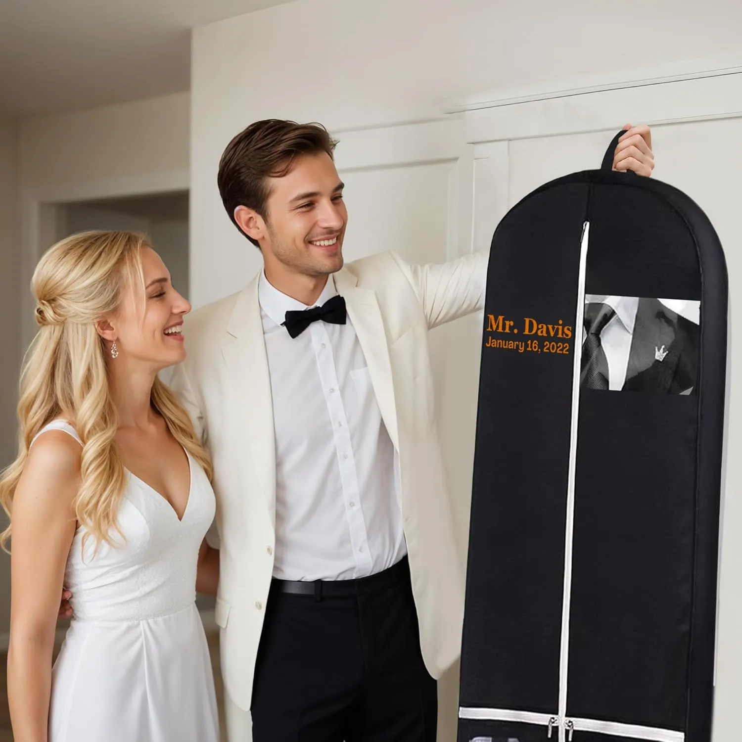 Personalized Garment bag for Wedding Dress - Embroidered Breathable Black Bag for Bridal Gown with 2 Pockets for Hanging Clothes - Ideal for Groom Tuxedos - Custom Dress Cover Bag with Carry Handles