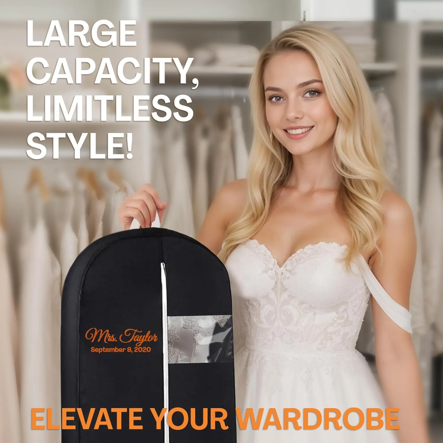 Personalized Garment bag for Wedding Dress - Embroidered Breathable Black Bag for Bridal Gown with 2 Pockets for Hanging Clothes - Ideal for Groom Tuxedos - Custom Dress Cover Bag with Carry Handles