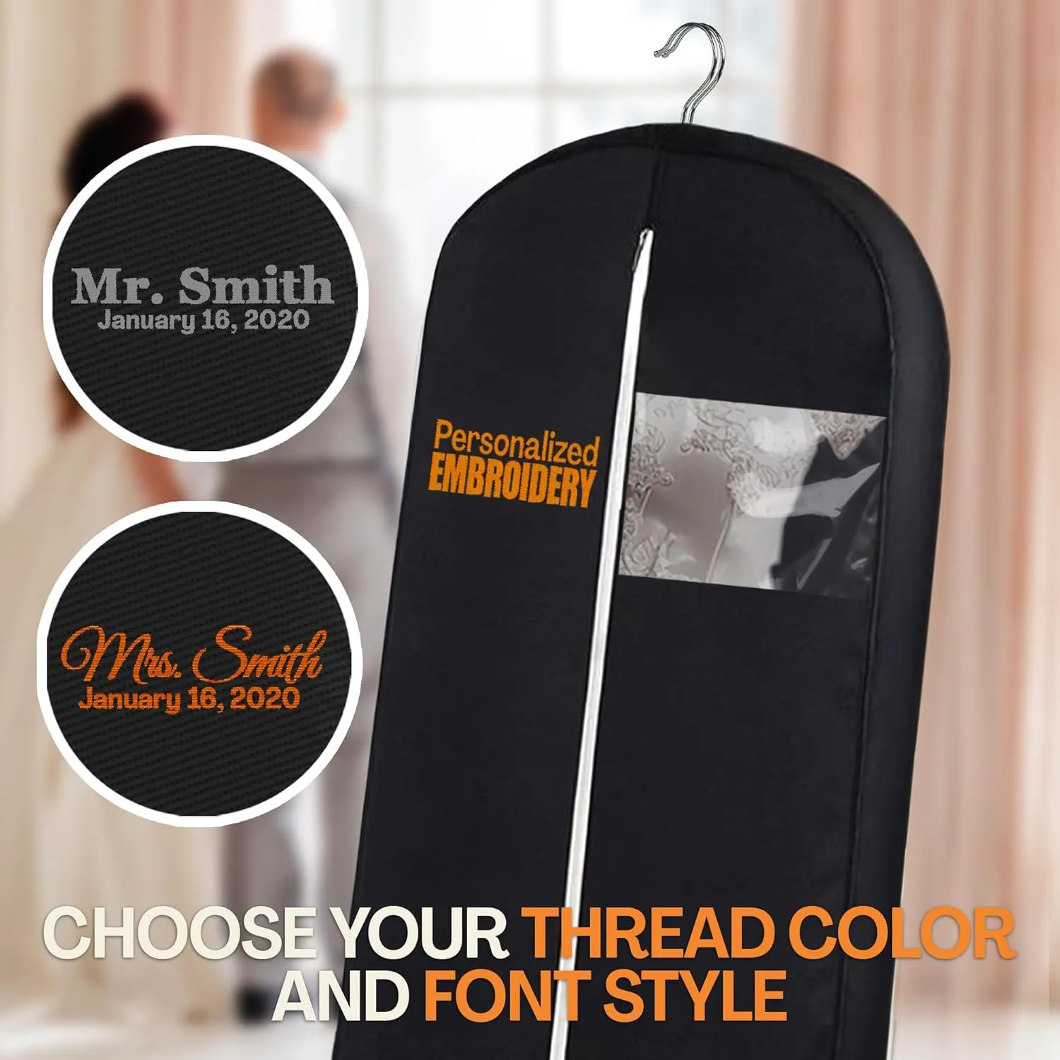 Personalized Garment bag for Wedding Dress - Embroidered Breathable Black Bag for Bridal Gown with 2 Pockets for Hanging Clothes - Ideal for Groom Tuxedos - Custom Dress Cover Bag with Carry Handles