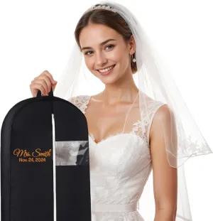 Personalized Garment bag for Wedding Dress - Embroidered Breathable Black Bag for Bridal Gown with 2 Pockets for Hanging Clothes - Ideal for Groom Tuxedos - Custom Dress Cover Bag with Carry Handles