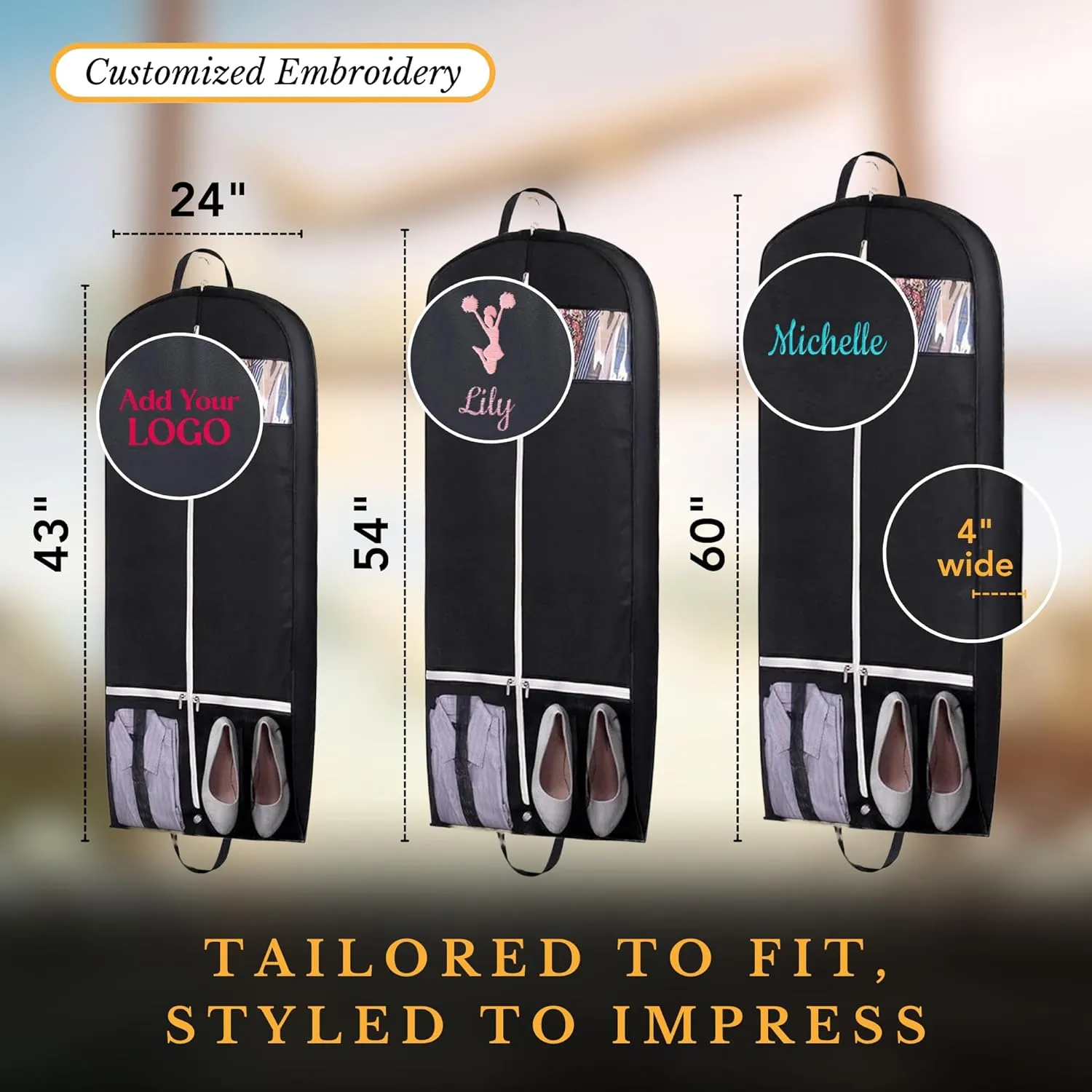 Personalized Garment bag for Wedding Dress - Embroidered Breathable Black Bag for Bridal Gown with 2 Pockets for Hanging Clothes - Ideal for Groom Tuxedos - Custom Dress Cover Bag with Carry Handles