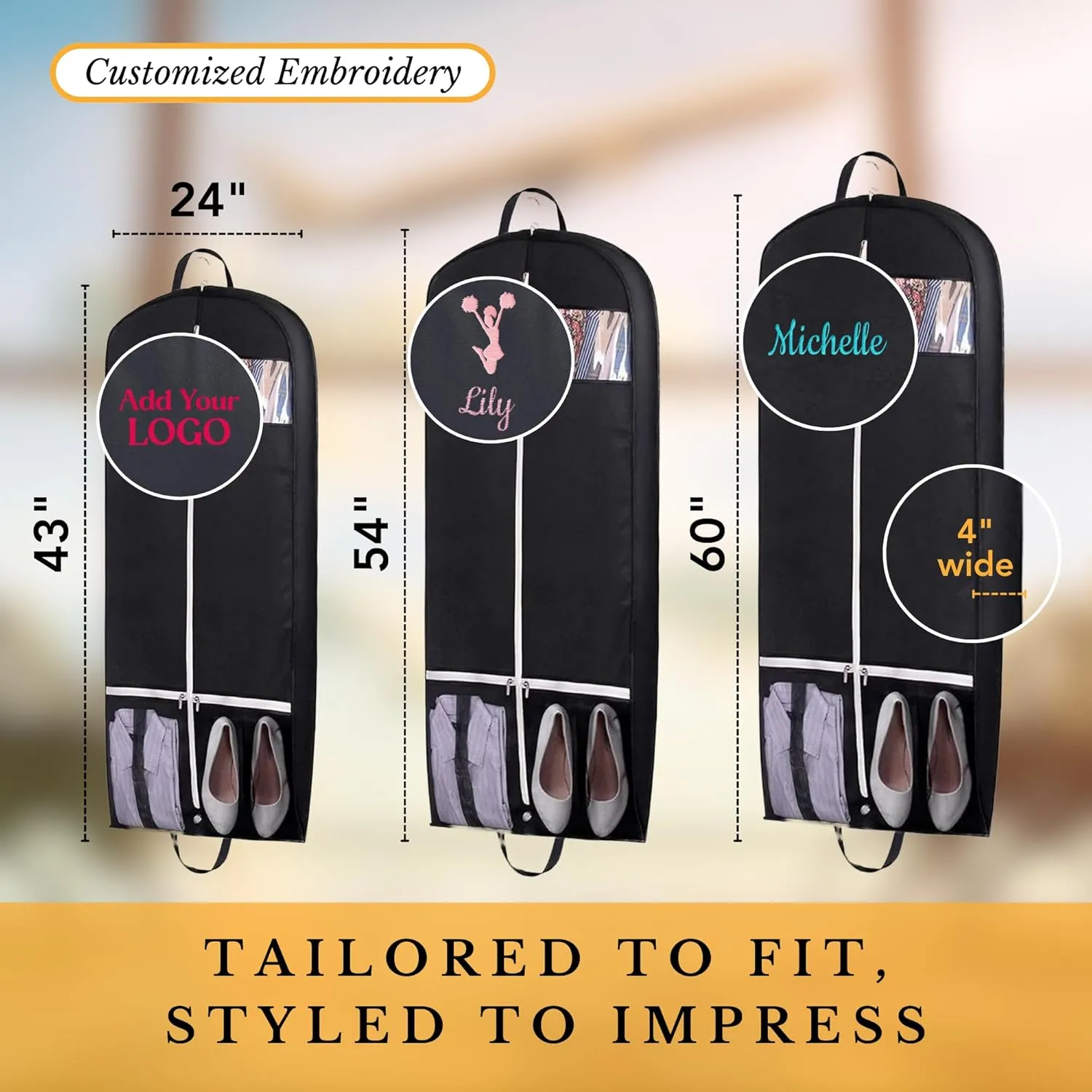Personalized Garment bag for Wedding Dress - Embroidered Breathable Black Bag for Bridal Gown with 2 Pockets for Hanging Clothes - Ideal for Groom Tuxedos - Custom Dress Cover Bag with Carry Handles