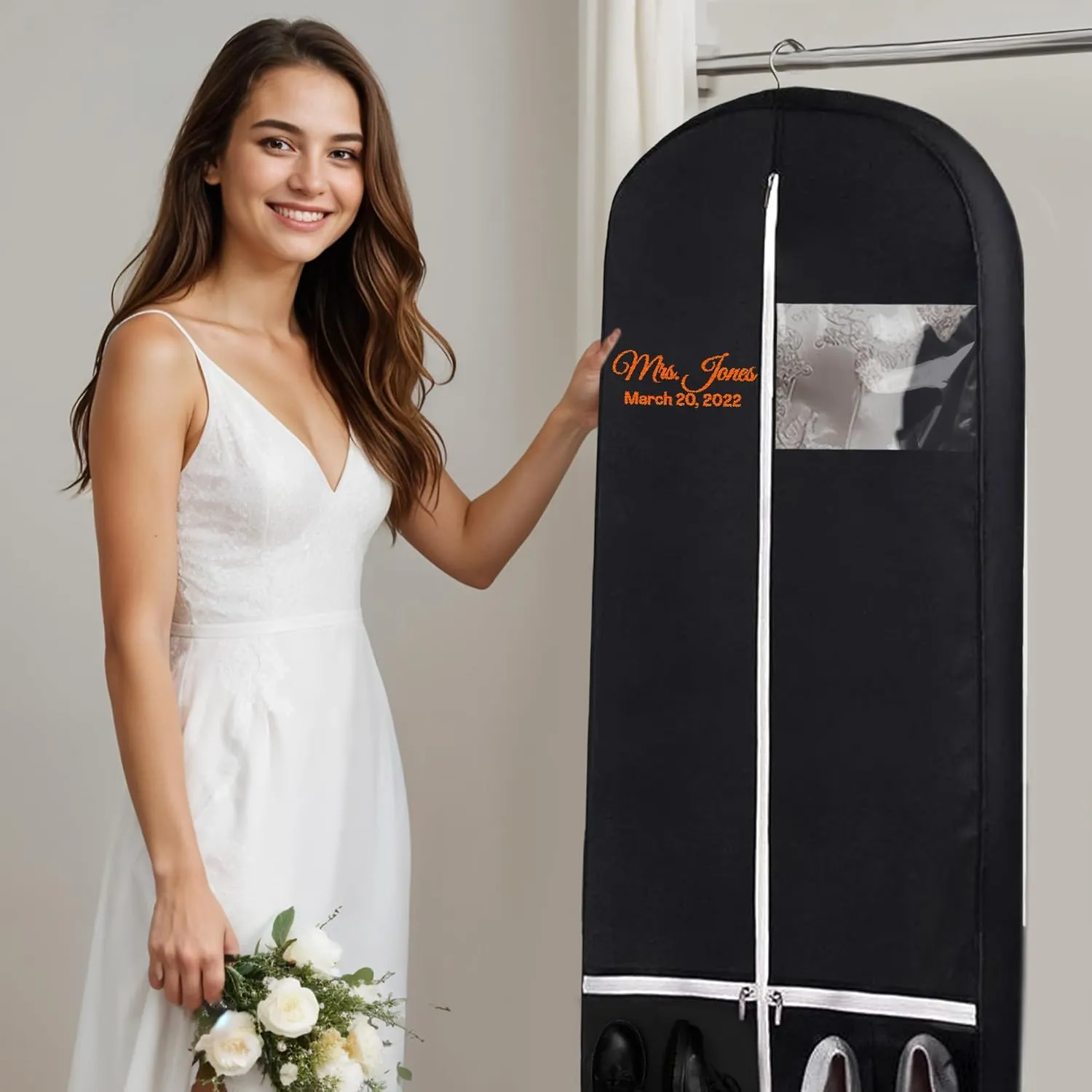 Personalized Garment bag for Wedding Dress - Embroidered Breathable Black Bag for Bridal Gown with 2 Pockets for Hanging Clothes - Ideal for Groom Tuxedos - Custom Dress Cover Bag with Carry Handles