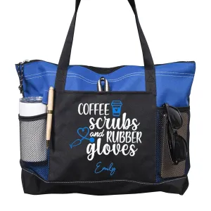 Personalized Nurse Accessories Tote Bag - Coffee Scrubs & Rubber Gloves Theme - Lightweight Travel & Work Bag with Zippered Compartment & Multiple Pockets, Nursing School Supplies