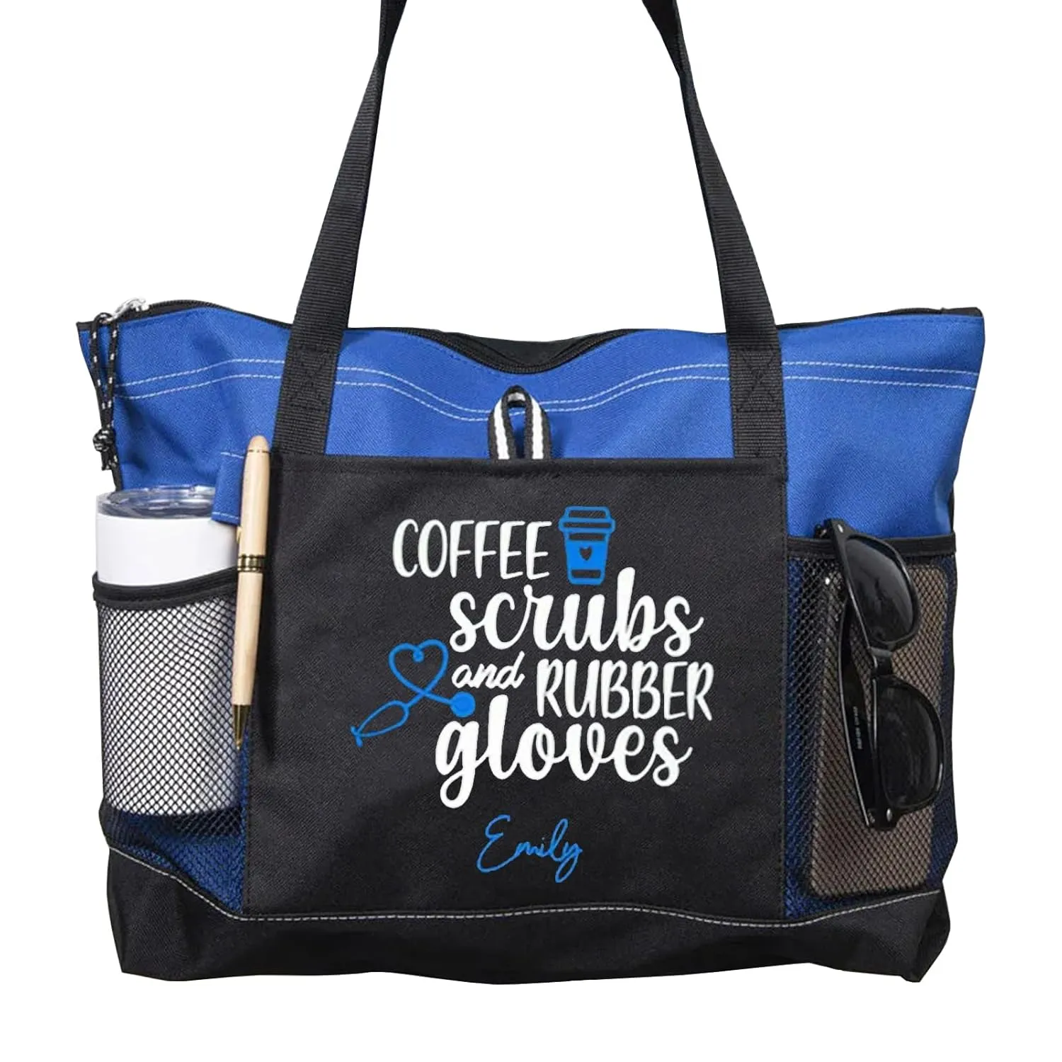 Personalized Nurse Accessories Tote Bag - Coffee Scrubs & Rubber Gloves Theme - Lightweight Travel & Work Bag with Zippered Compartment & Multiple Pockets, Nursing School Supplies