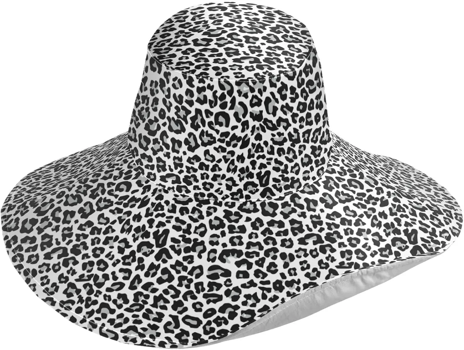 Pfrewn Womens Summer Sun Hat Wide Brim Grey White Leopard Foldable Outdoor UV Protection Hat for Beach Gardening UPF 50
