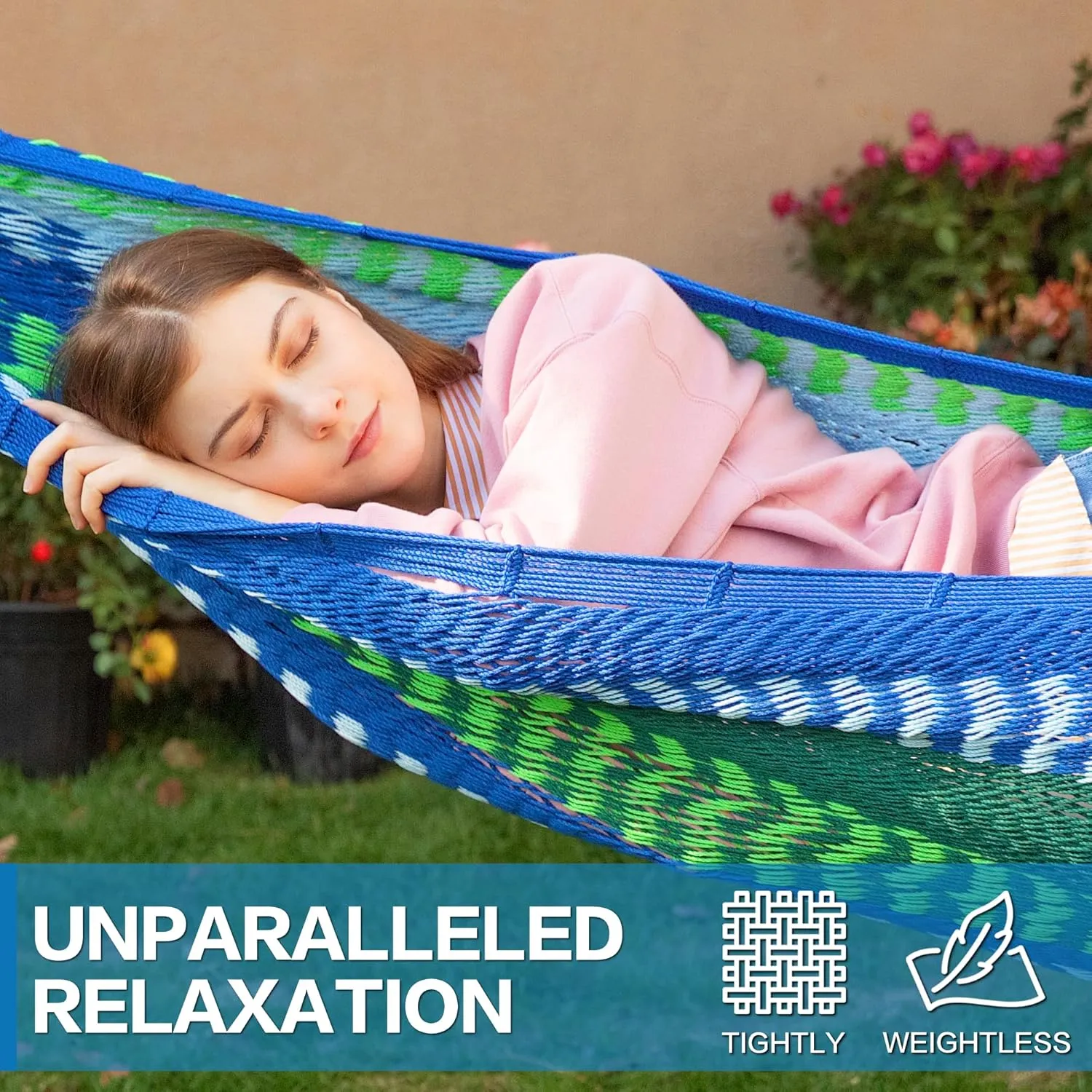PNAEUT Mayan Hammock, Handwoven XL Thick Soft Rope Hammocks for Outdoor Indoor, Max 600 lbs Capacity, Tree Straps & Carabiners Included (Lake Superior)