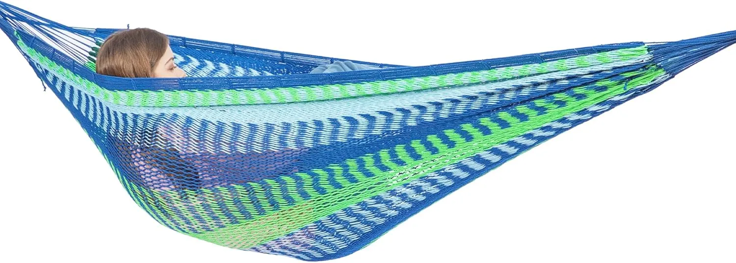 PNAEUT Mayan Hammock, Handwoven XL Thick Soft Rope Hammocks for Outdoor Indoor, Max 600 lbs Capacity, Tree Straps & Carabiners Included (Lake Superior)