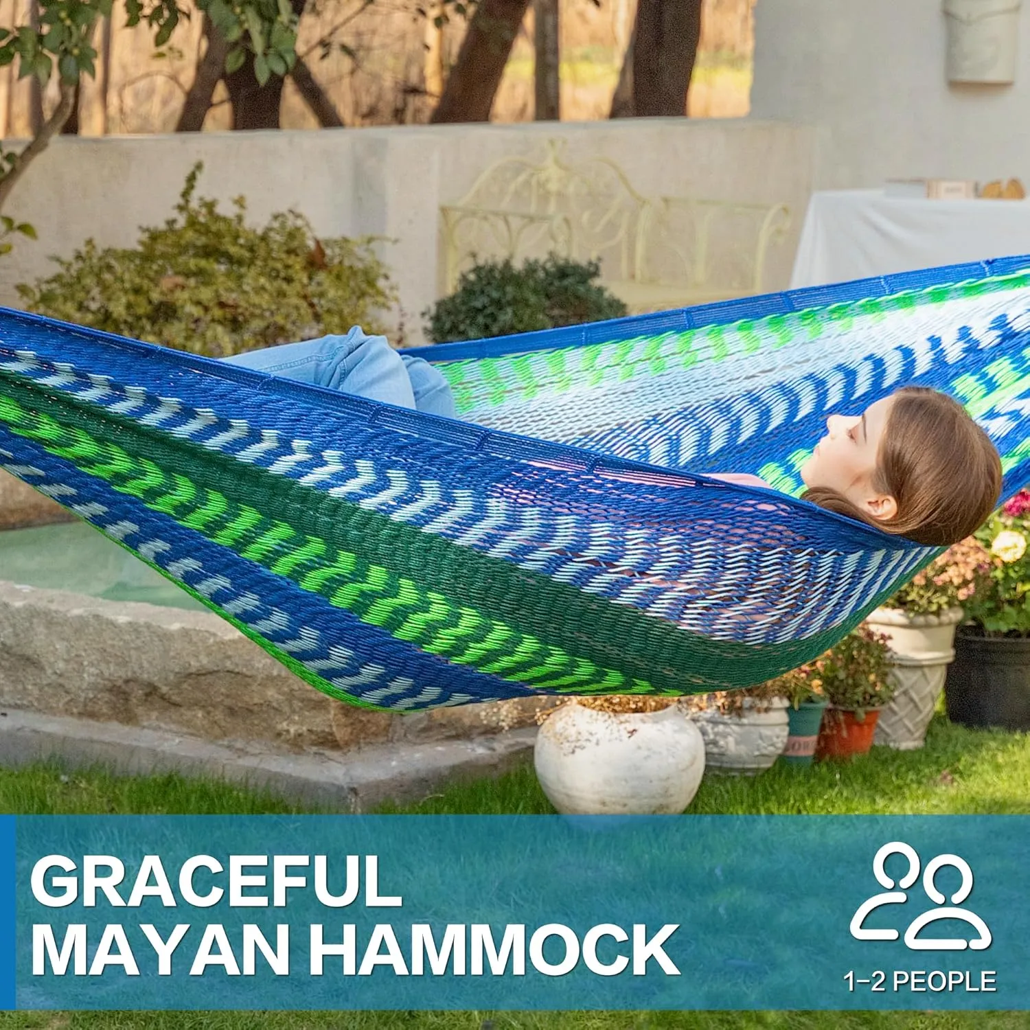 PNAEUT Mayan Hammock, Handwoven XL Thick Soft Rope Hammocks for Outdoor Indoor, Max 600 lbs Capacity, Tree Straps & Carabiners Included (Lake Superior)