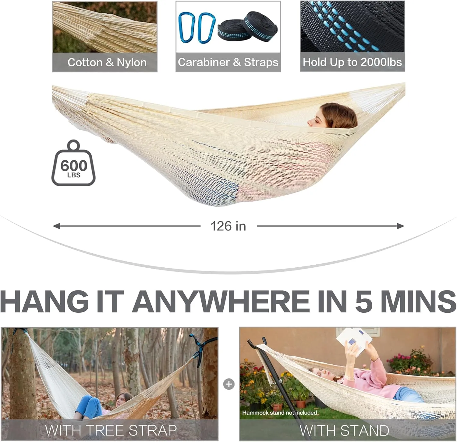PNAEUT Mayan Hammock, Handwoven XL Thick Soft Rope Hammocks for Outdoor Indoor, Max 600 lbs Capacity, Tree Straps & Carabiners Included (Nature)