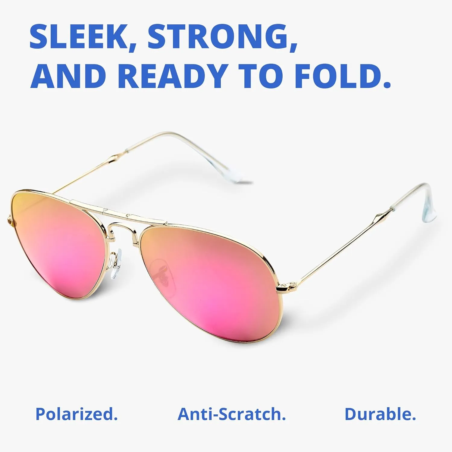 Polarized Folding Sunglasses – Scratch Resistant Lens Coating – Collapsible Frame – Premium Leather Case – Aviators