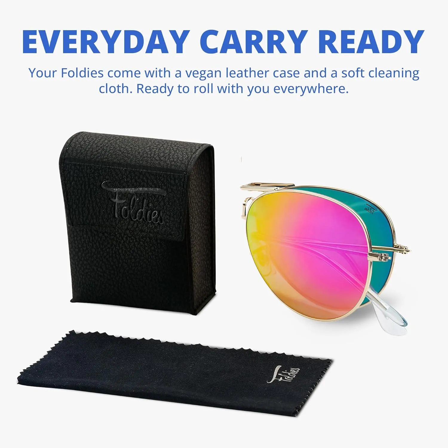 Polarized Folding Sunglasses – Scratch Resistant Lens Coating – Collapsible Frame – Premium Leather Case – Aviators