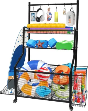 Pool Equipment Organizer Storage Holder, Large Heavy-Duty Steel Rolling Storage Cart for Noodles, Toys, Balls, Floats Mesh, Towels, Ideal Swimming Equipments Storage Rack Indoor & Outdoor