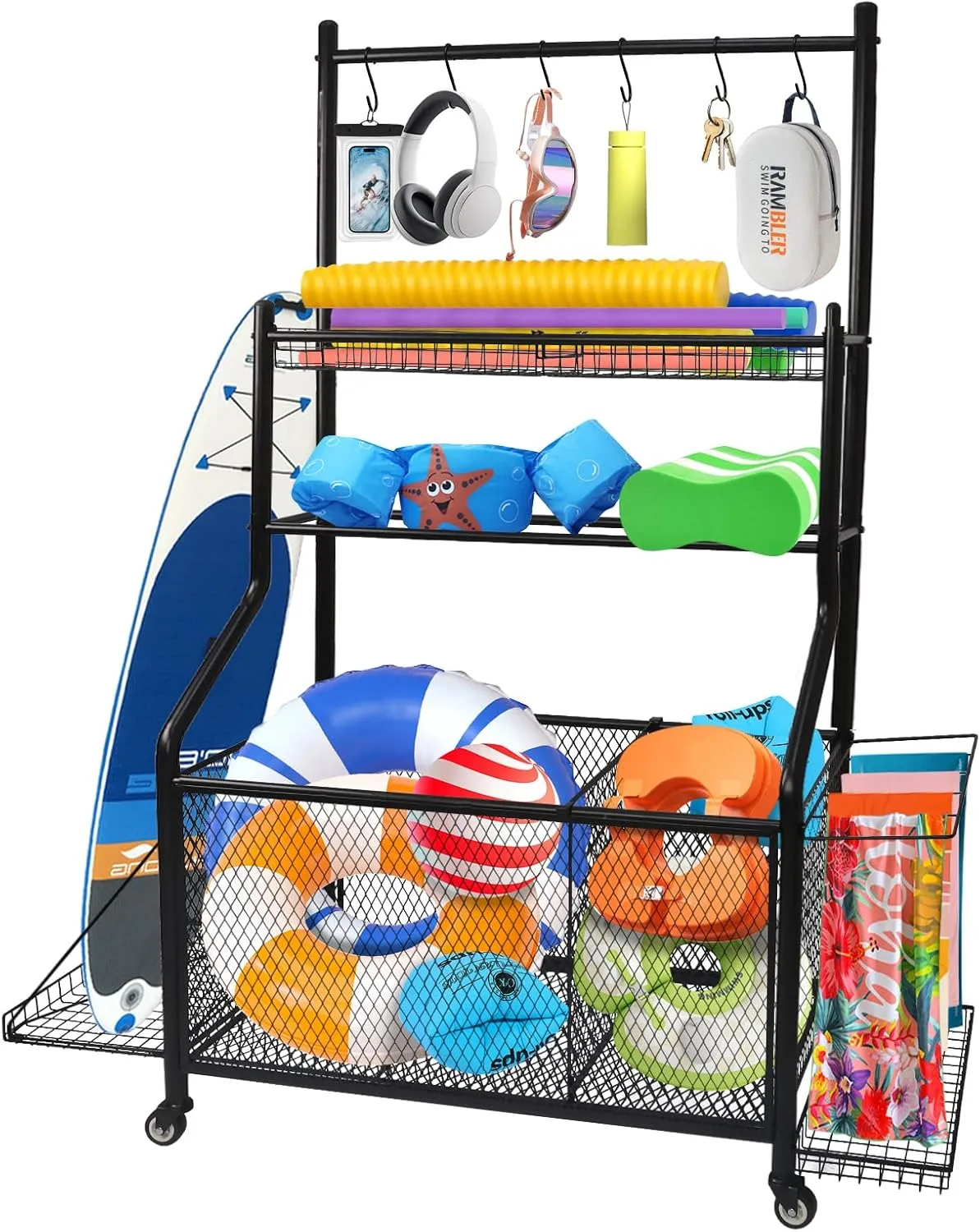 Pool Equipment Organizer Storage Holder, Large Heavy-Duty Steel Rolling Storage Cart for Noodles, Toys, Balls, Floats Mesh, Towels, Ideal Swimming Equipments Storage Rack Indoor & Outdoor