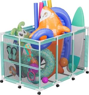 Pool Float Storage – Outdoor Pool Toy Storage Organizer for Pool Noodles, Toys, Floats, Balls, and Equipment, Mesh Rolling Storage Organizer Bin, Cyan
