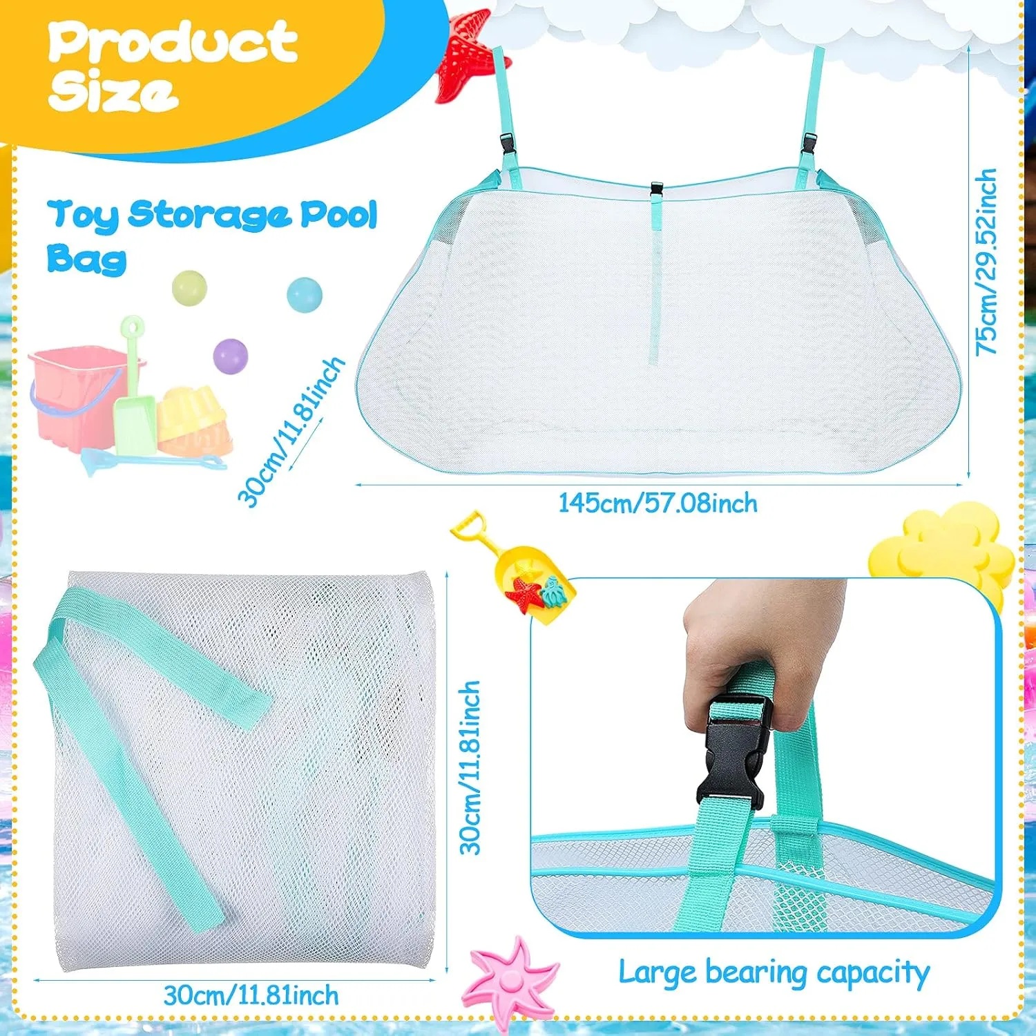 Pool Storage Bag Pool Toy Storage Swimming Pool Bag Large Hanging Net Bag Swimming Pool Accessories Toy Organizer for Inflatables, Pool Toys, Floats, Football, Basketballs, Garage Supplies(Blue-green)