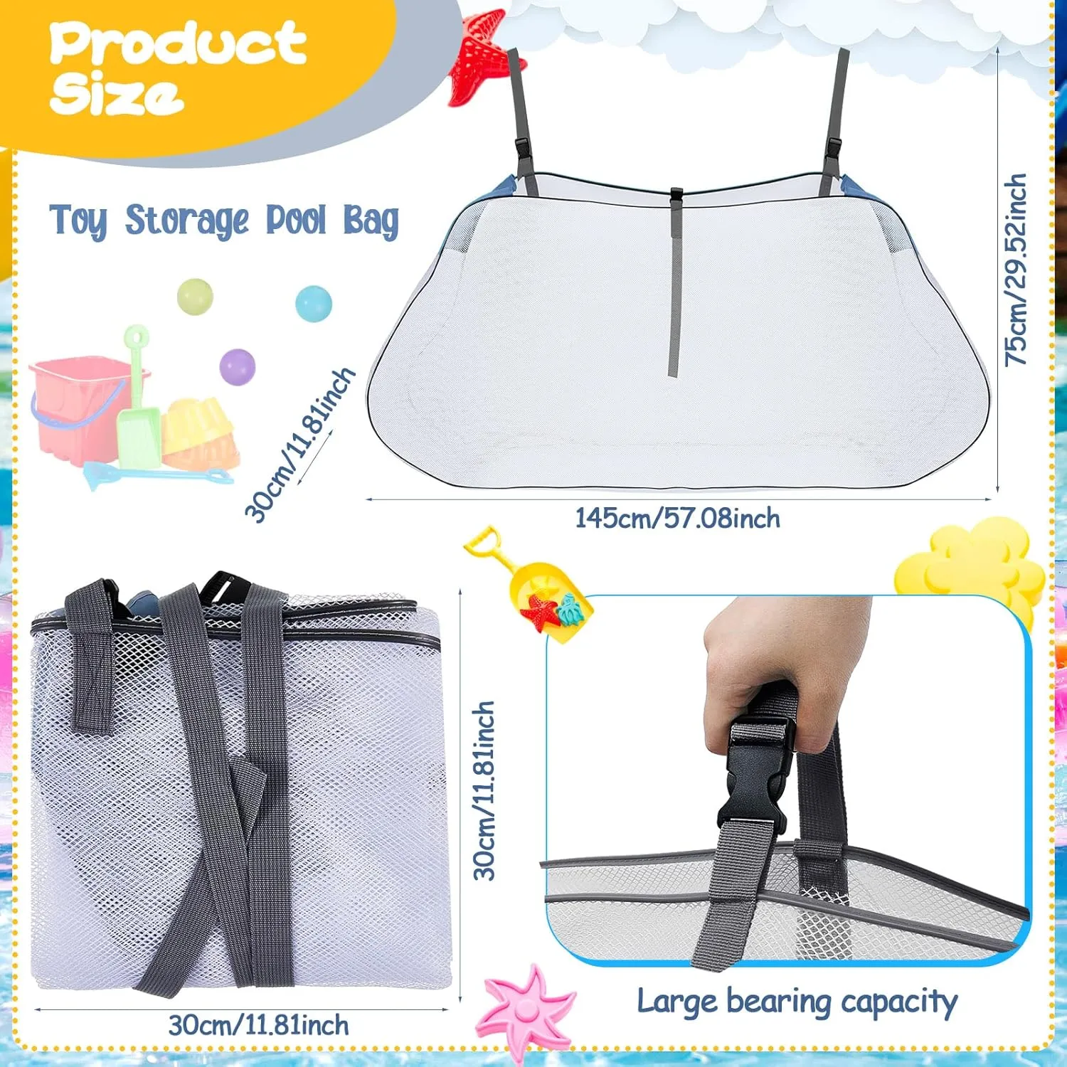 Pool Storage Bag Pool Toy Storage Swimming Pool Bag Large Hanging Net Bag Swimming Pool Accessories Toy Organizer for Inflatables, Pool Toys, Floats, Football, Basketballs Supplies (Gray-white)