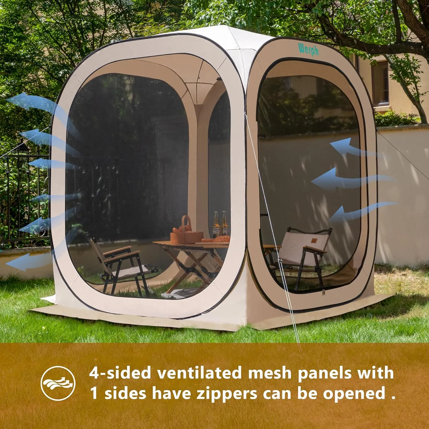 Pop Up Tent，Portable Canopy Tent with Mesh Mosquito Net, Screen House Room Canopy Shade Screen Tent 6 x 6 FT with Carry Bag for Patio, Backyard, Sports & Outdoors Activities, Beige