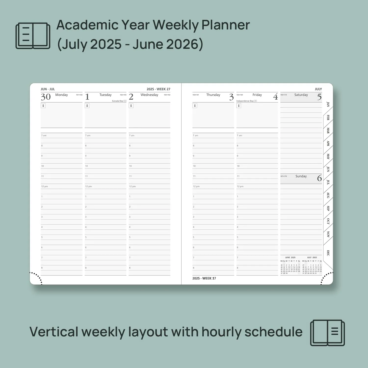 POPRUN Planner 2025-2026, (Medium 6.5'' x 8.5'' Hard Cover) Academic Calendar (July 25-June 26) Daily Weekly and Monthly Appointment Book with Hourly Time Slots, Monthly Tabs, 100 GSM - Midnight Green