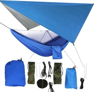 Portable Hammock with Net, Hanging Hammock for Outdoor Garden Courtyard, Travel Camping Use, Integrated Canopy Design, Sturdy Nylon Fabric, 300kg Load (Blue Sky with Blue Hammock)