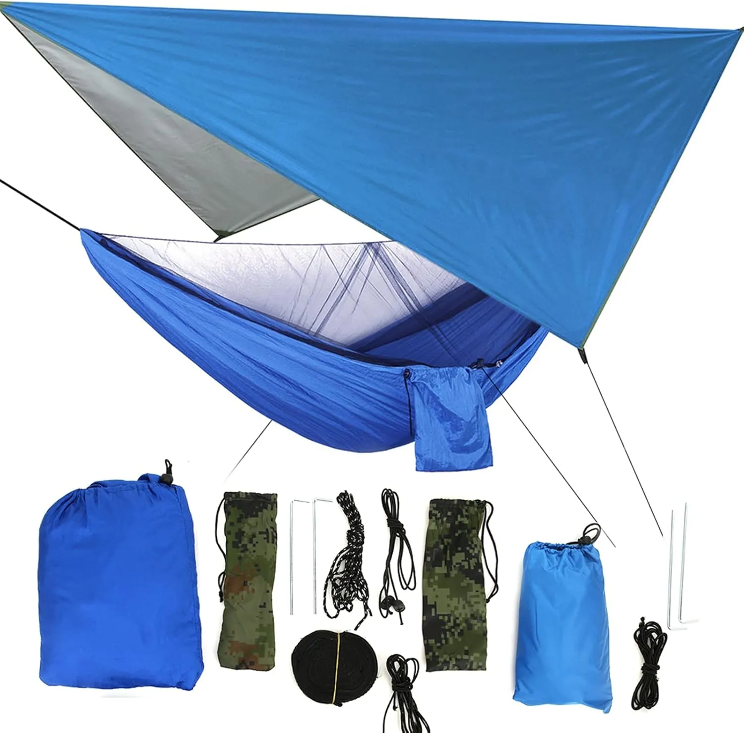 Portable Hammock with Net, Hanging Hammock for Outdoor Garden Courtyard, Travel Camping Use, Integrated Canopy Design, Sturdy Nylon Fabric, 300kg Load (Blue Sky with Blue Hammock)