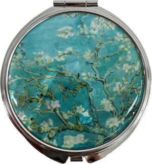 Portable Makeup Compact Double Magnifying Mirror Cosmestic Foldable Pocket Style Unique Mother of Pearl Design (Almond Blossom)