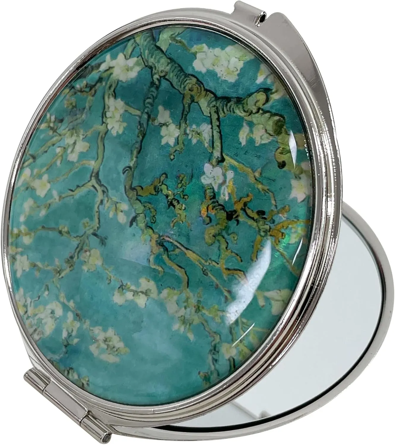 Portable Makeup Compact Double Magnifying Mirror Cosmestic Foldable Pocket Style Unique Mother of Pearl Design (Almond Blossom)