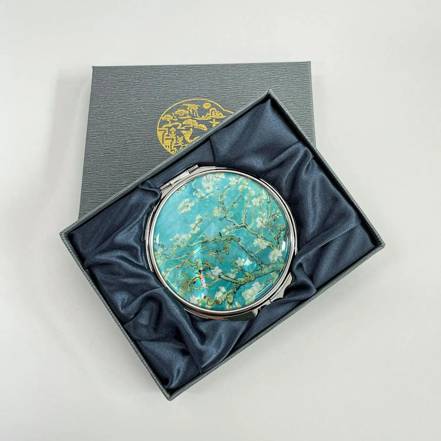 Portable Makeup Compact Double Magnifying Mirror Cosmestic Foldable Pocket Style Unique Mother of Pearl Design (Almond Blossom)