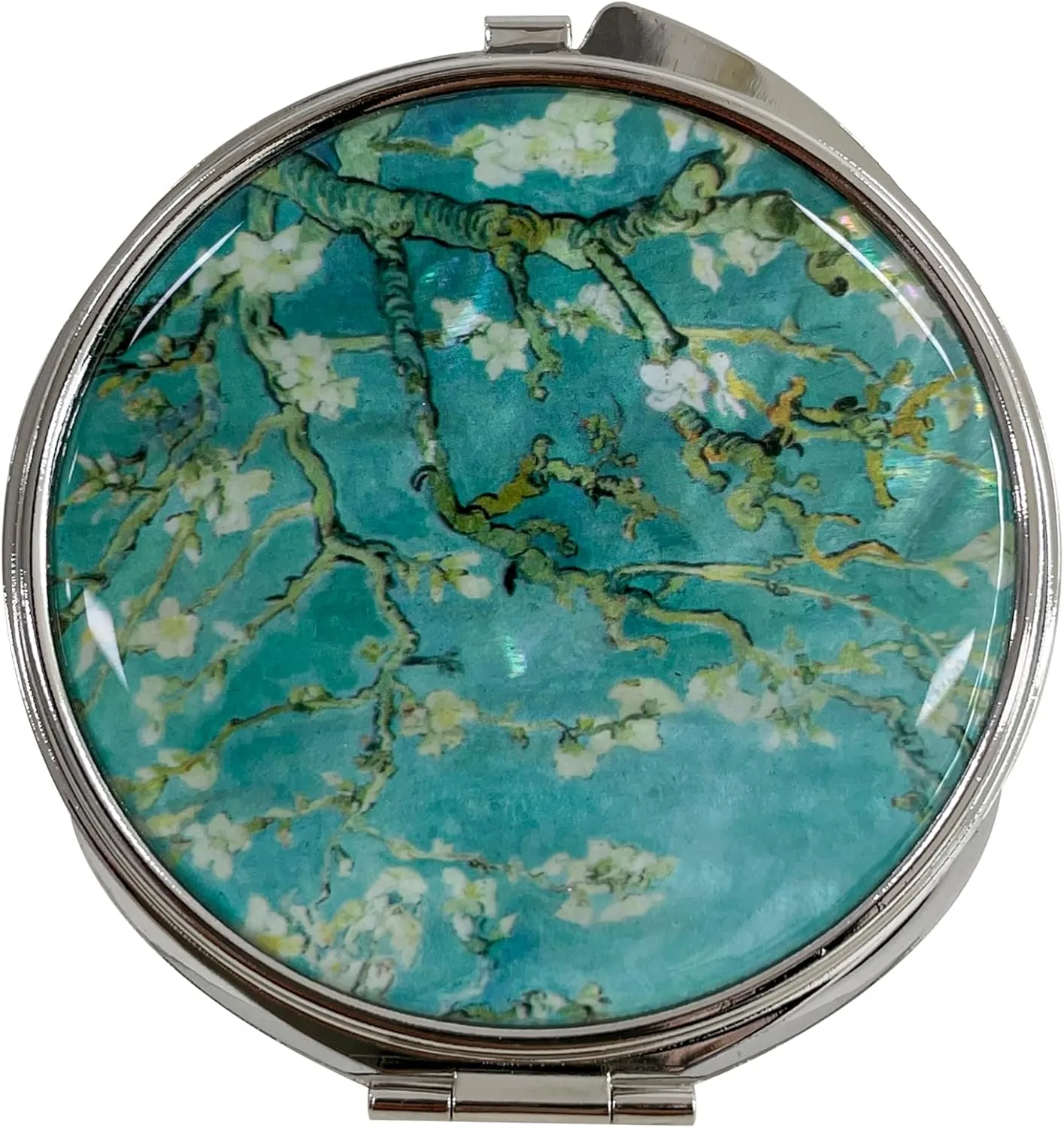 Portable Makeup Compact Double Magnifying Mirror Cosmestic Foldable Pocket Style Unique Mother of Pearl Design (Almond Blossom)