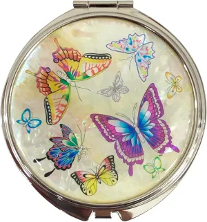 Portable Makeup Compact Double Magnifying Mirror Cosmestic Foldable Pocket Style Unique Mother of Pearl Design (Butterfly)