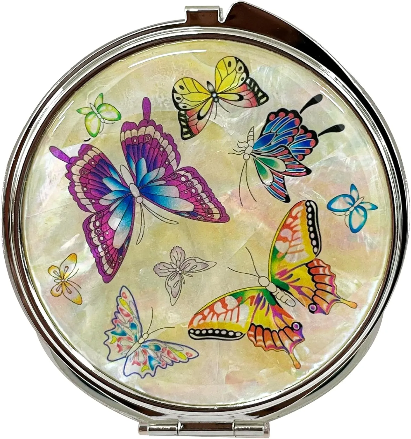 Portable Makeup Compact Double Magnifying Mirror Cosmestic Foldable Pocket Style Unique Mother of Pearl Design (Butterfly)