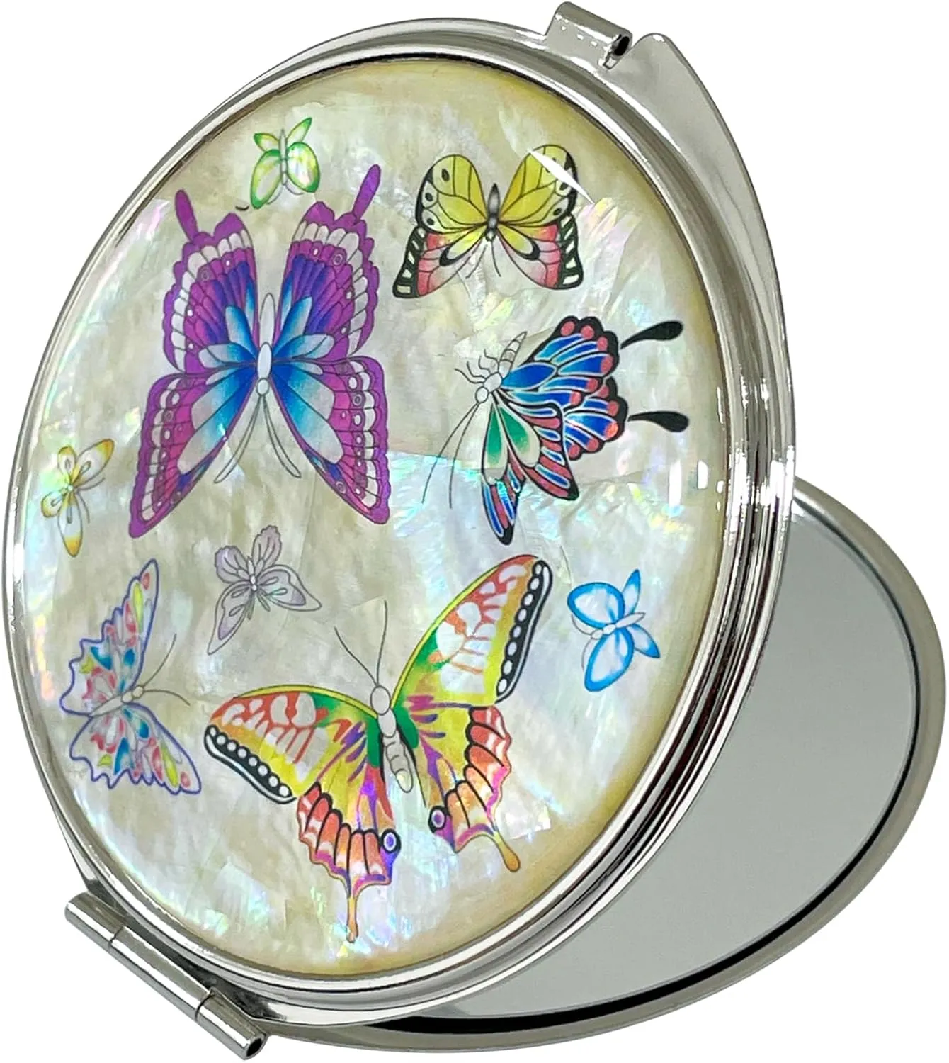 Portable Makeup Compact Double Magnifying Mirror Cosmestic Foldable Pocket Style Unique Mother of Pearl Design (Butterfly)