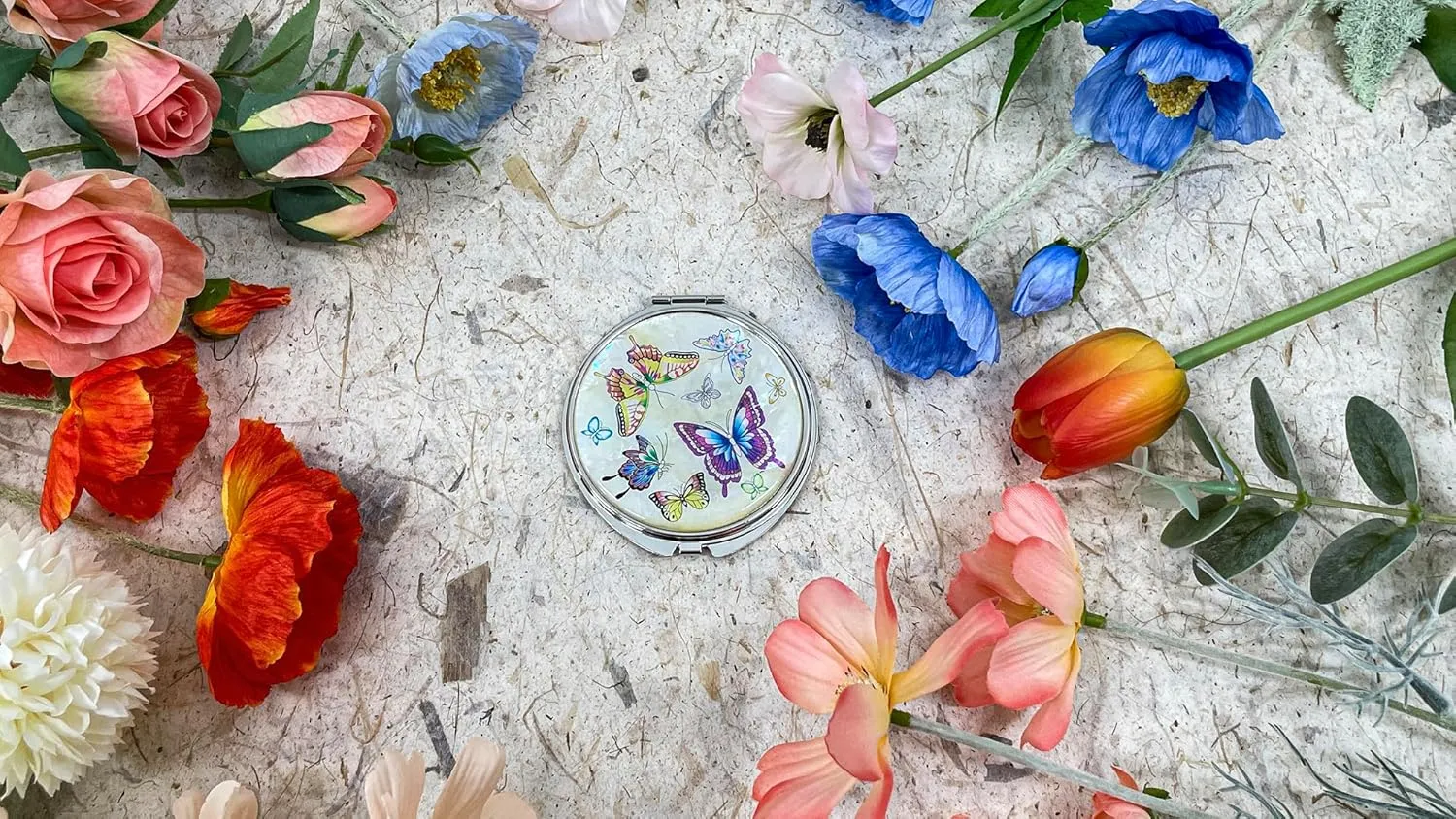 Portable Makeup Compact Double Magnifying Mirror Cosmestic Foldable Pocket Style Unique Mother of Pearl Design (Butterfly)