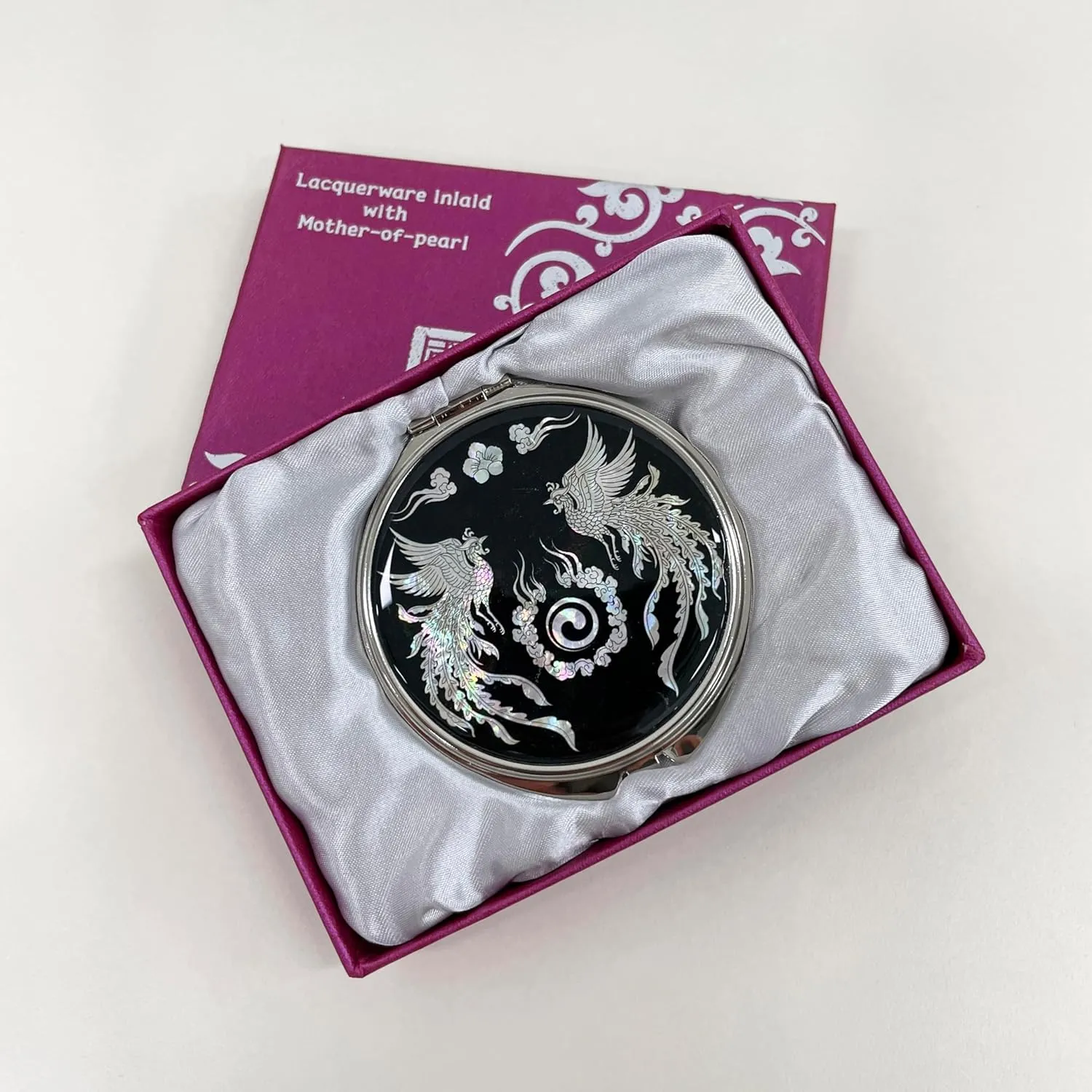Portable Makeup Compact Double Magnifying Mirror Cosmestic Foldable Pocket Style Unique Mother of Pearl Design (Phoenix)