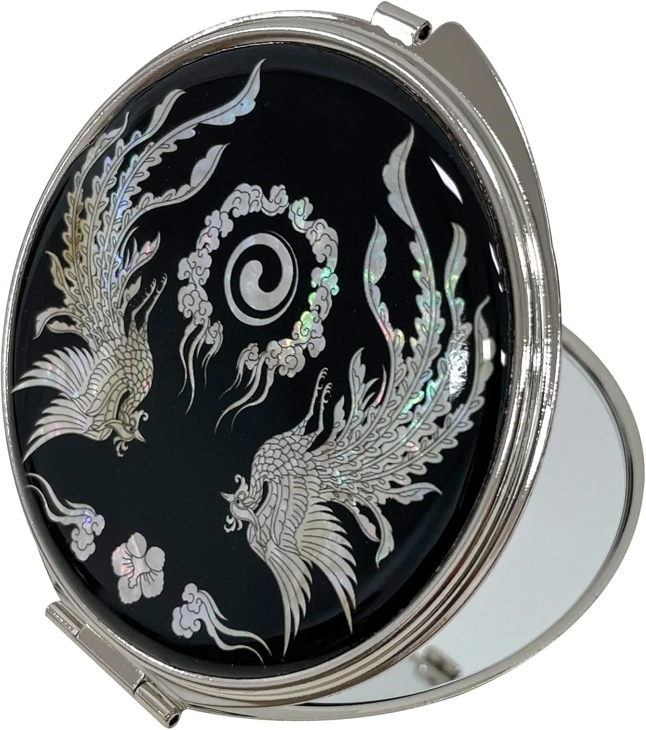 Portable Makeup Compact Double Magnifying Mirror Cosmestic Foldable Pocket Style Unique Mother of Pearl Design (Phoenix)