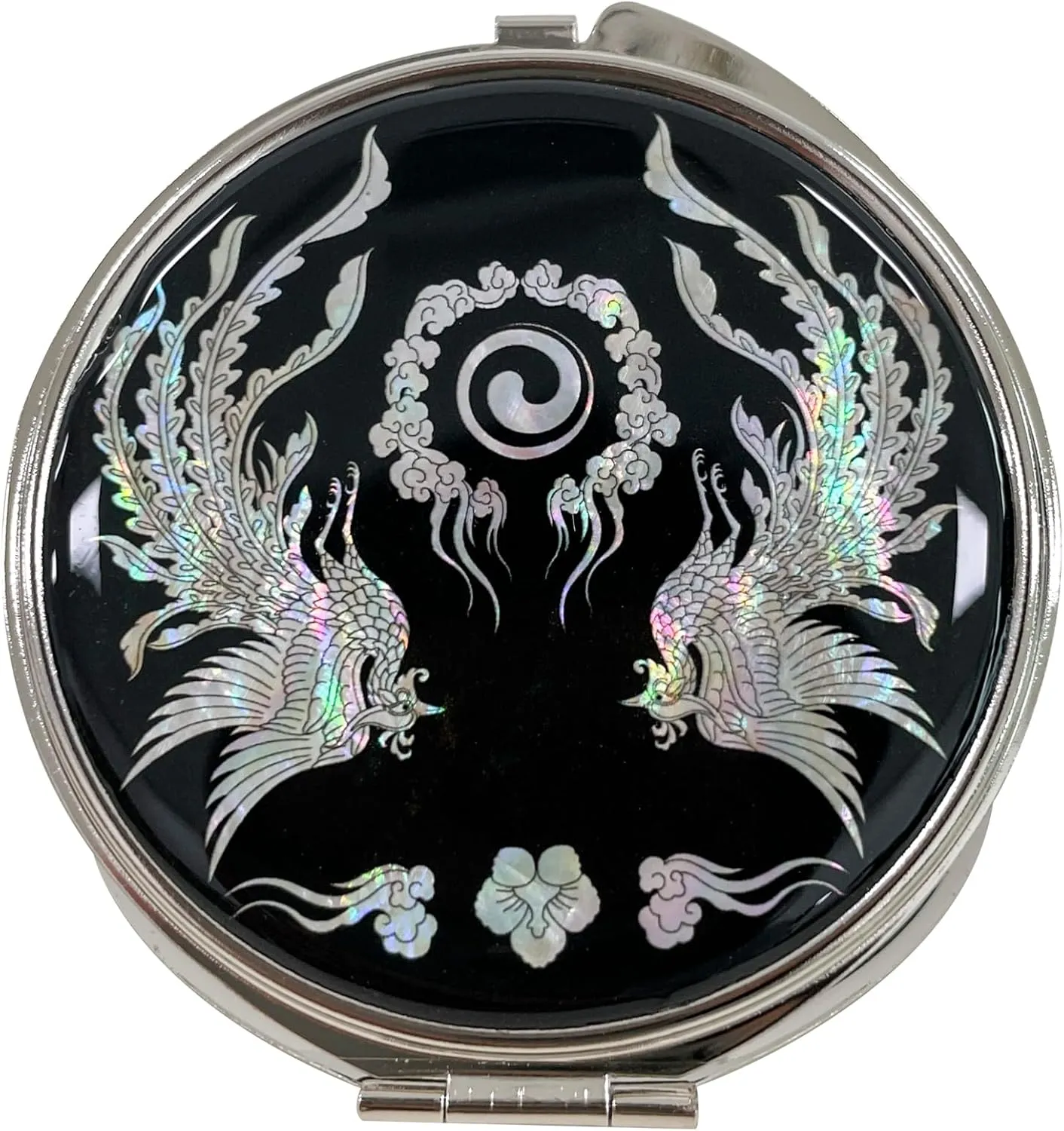 Portable Makeup Compact Double Magnifying Mirror Cosmestic Foldable Pocket Style Unique Mother of Pearl Design (Phoenix)