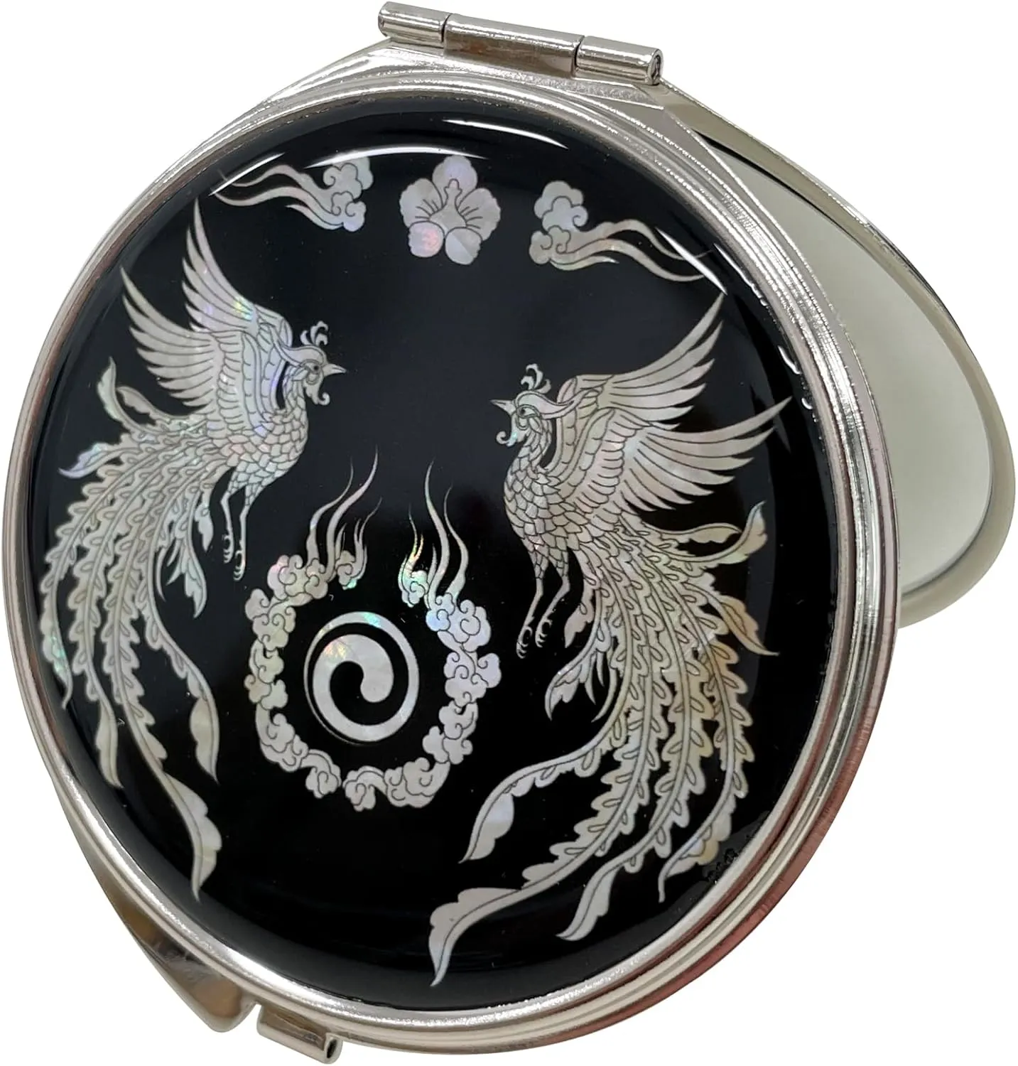 Portable Makeup Compact Double Magnifying Mirror Cosmestic Foldable Pocket Style Unique Mother of Pearl Design (Phoenix)