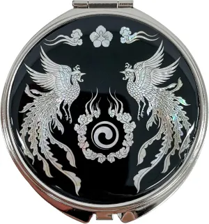Portable Makeup Compact Double Magnifying Mirror Cosmestic Foldable Pocket Style Unique Mother of Pearl Design (Phoenix)