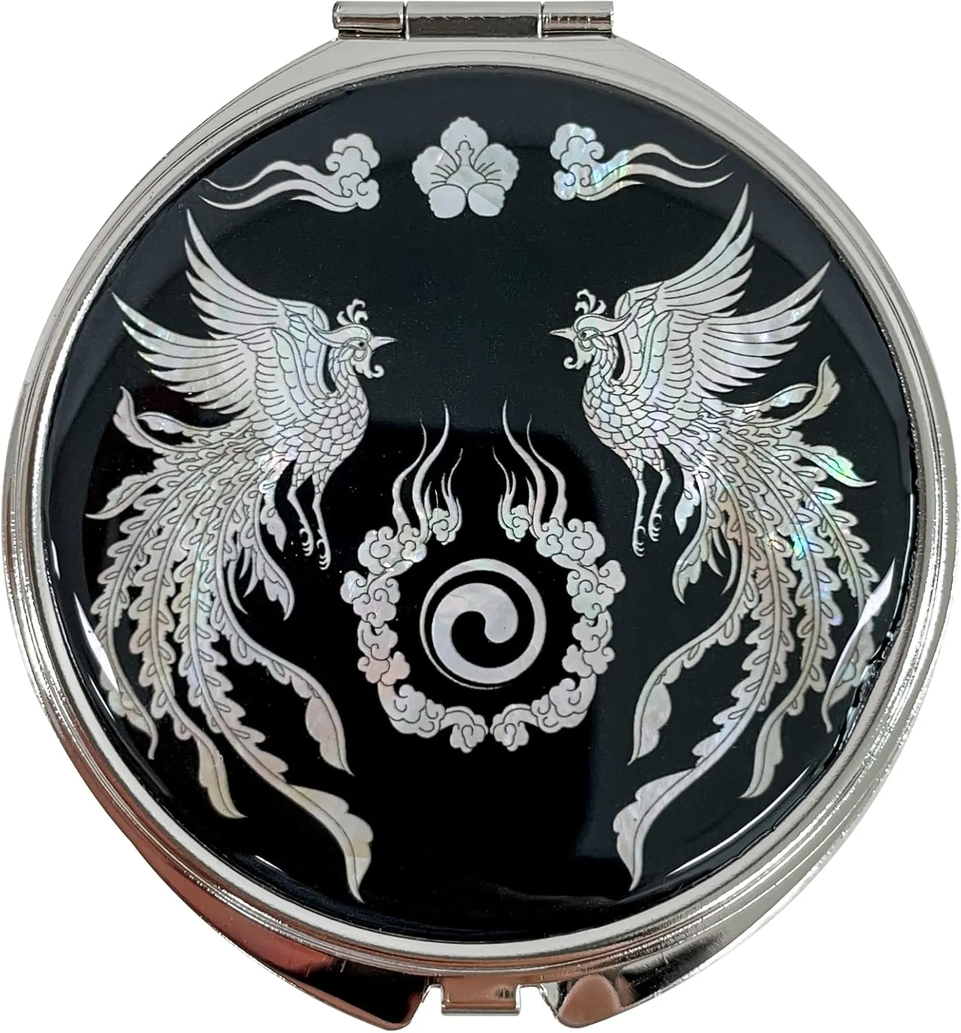 Portable Makeup Compact Double Magnifying Mirror Cosmestic Foldable Pocket Style Unique Mother of Pearl Design (Phoenix)
