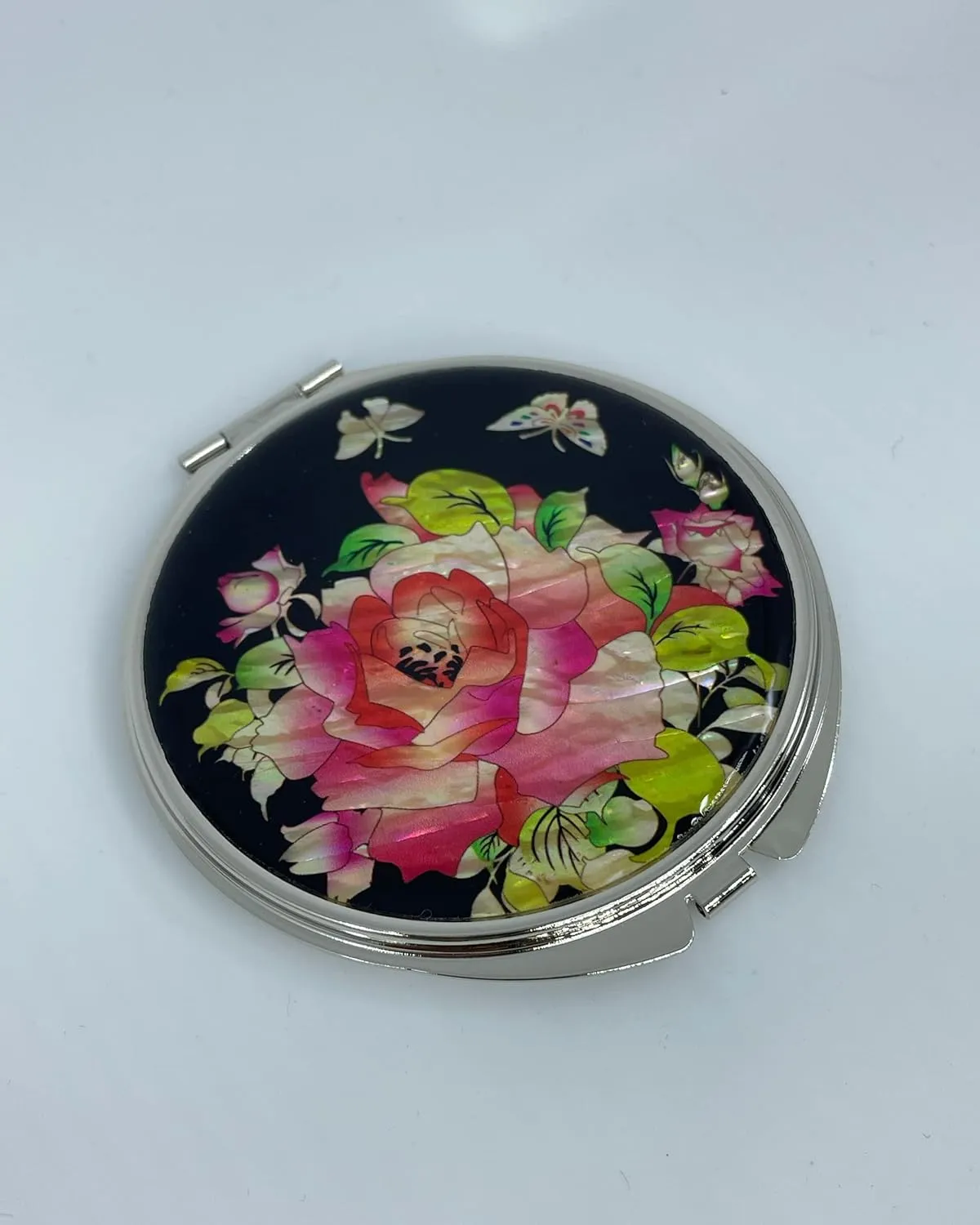 Portable Makeup Compact Double Magnifying Mirror Cosmestic Foldable Pocket Style Unique Mother of Pearl Design (Rose)
