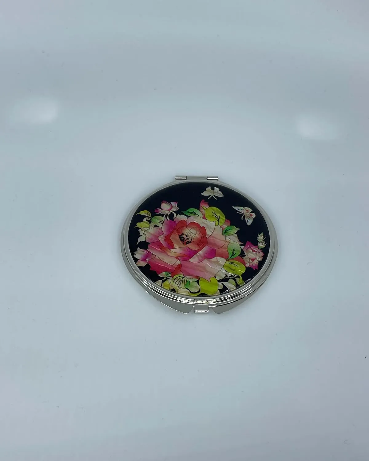 Portable Makeup Compact Double Magnifying Mirror Cosmestic Foldable Pocket Style Unique Mother of Pearl Design (Rose)