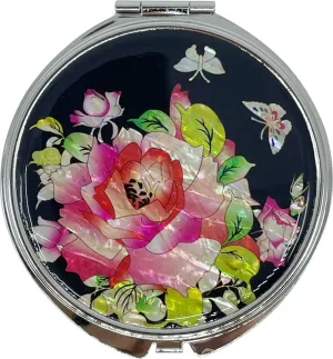 Portable Makeup Compact Double Magnifying Mirror Cosmestic Foldable Pocket Style Unique Mother of Pearl Design (Rose)