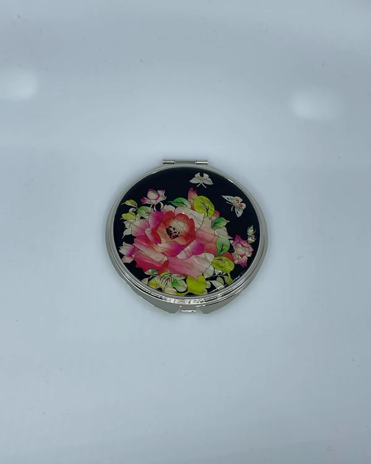 Portable Makeup Compact Double Magnifying Mirror Cosmestic Foldable Pocket Style Unique Mother of Pearl Design (Rose)