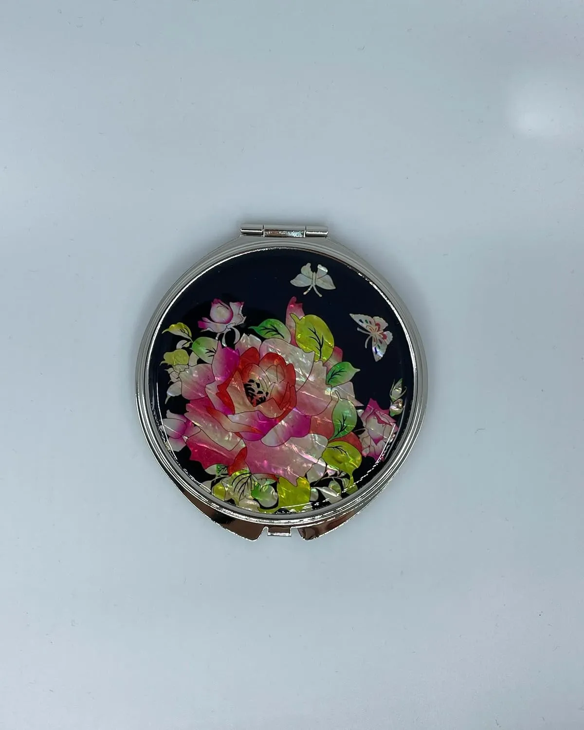 Portable Makeup Compact Double Magnifying Mirror Cosmestic Foldable Pocket Style Unique Mother of Pearl Design (Rose)