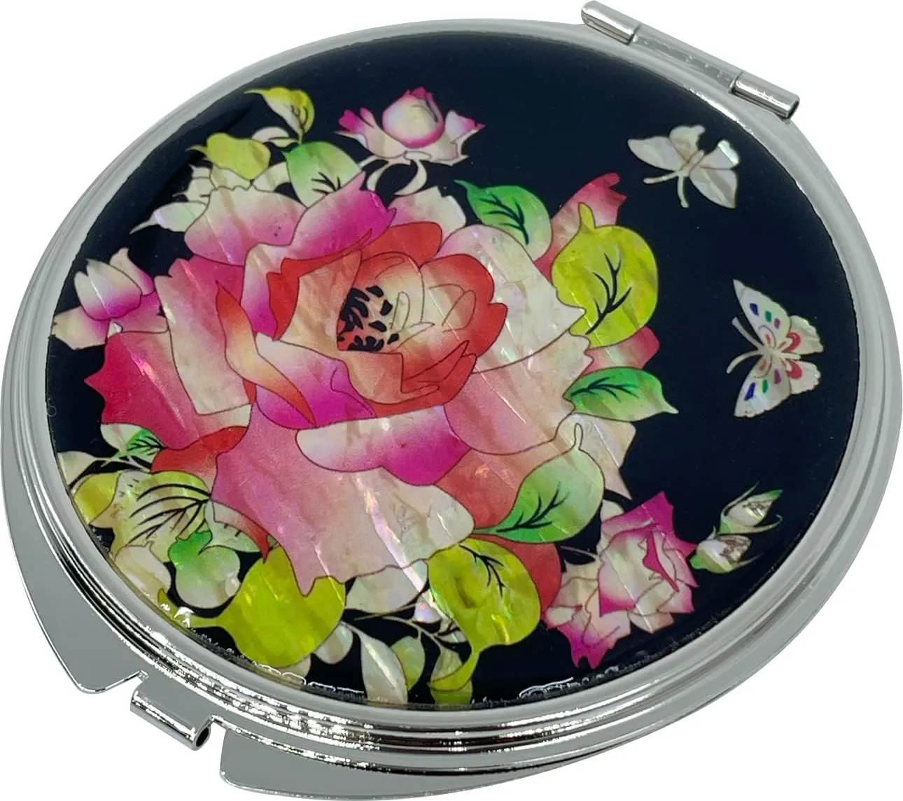 Portable Makeup Compact Double Magnifying Mirror Cosmestic Foldable Pocket Style Unique Mother of Pearl Design (Rose)