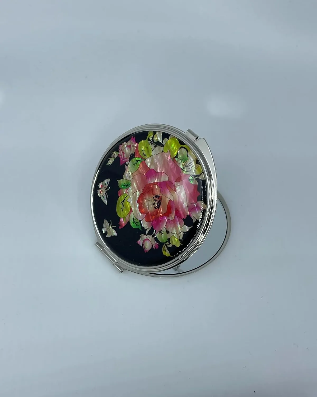 Portable Makeup Compact Double Magnifying Mirror Cosmestic Foldable Pocket Style Unique Mother of Pearl Design (Rose)