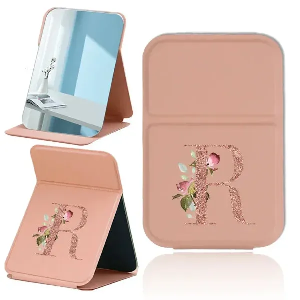Portable PU Leather Travel Makeup Mirror – Foldable Handheld Desktop Pocket Mirror with Rose Gold Letter Design