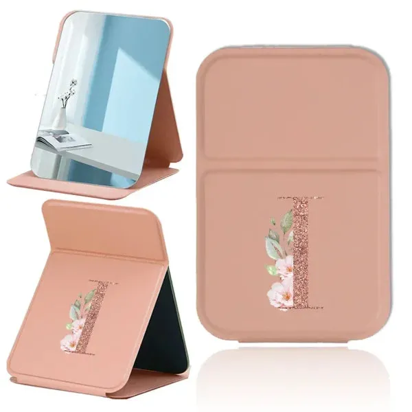 Portable PU Leather Travel Makeup Mirror – Foldable Handheld Desktop Pocket Mirror with Rose Gold Letter Design