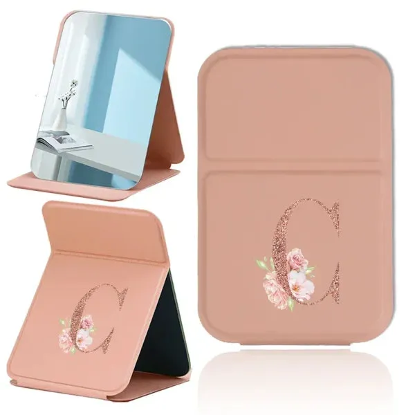 Portable PU Leather Travel Makeup Mirror – Foldable Handheld Desktop Pocket Mirror with Rose Gold Letter Design