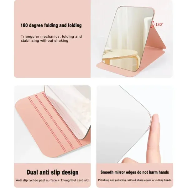 Portable PU Leather Travel Makeup Mirror – Foldable Handheld Desktop Pocket Mirror with Rose Gold Letter Design
